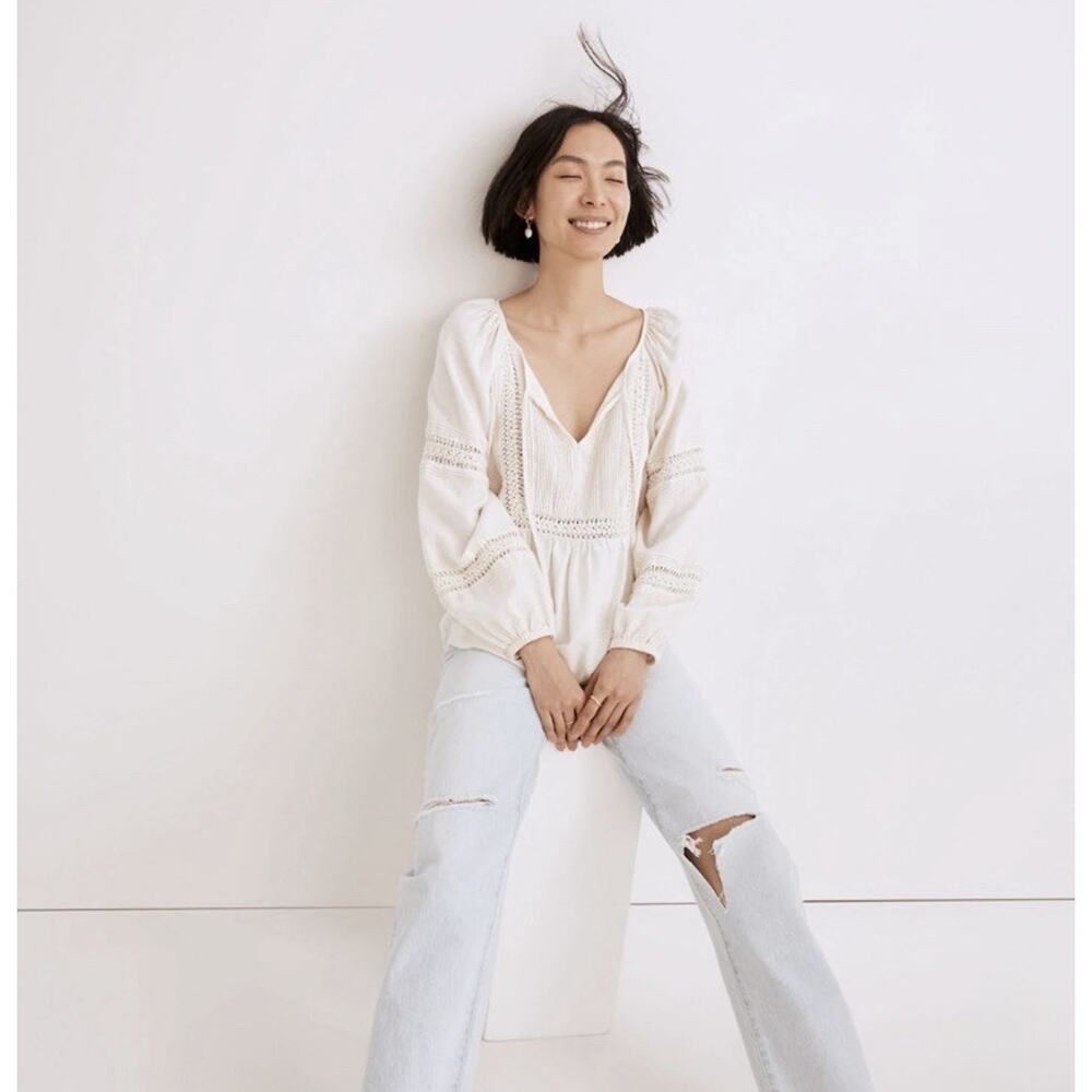 Madewell Peasant Top XS Ivory Linen-Blend Pintuck Boho Bubble Sleeves Babydoll - Picture 3 of 15